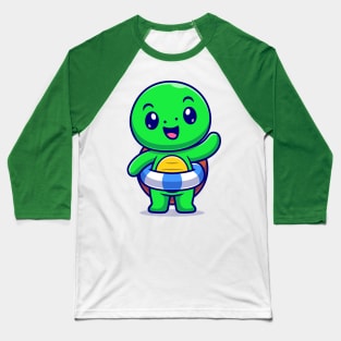 Cute Turtle Wearing Swimming Balloon And Waving Hand  Cartoon Baseball T-Shirt